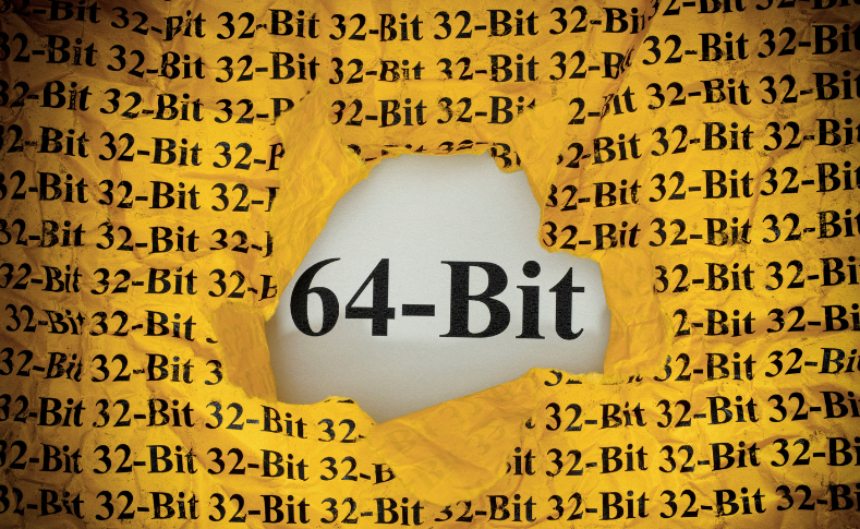 Torn 32-bit paper revealing 64-bit underneath, representing the Y2038 Unix time overflow fix