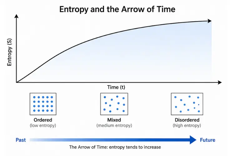 Entropy increase over time graph illustrating the arrow of time from low to high entropy