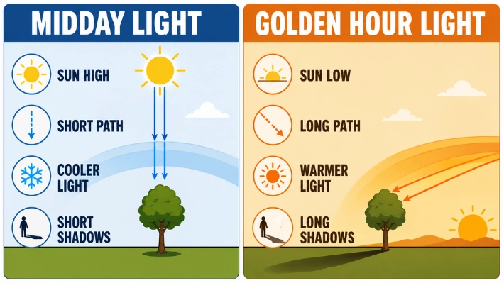 Diagram comparing midday light and golden hour light, showing sun angle, atmospheric path, color temperature, and shadow length