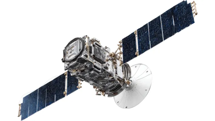 GPS navigation satellite in orbit with solar panels and dish antenna, representing the system whose internal clock runs 18 seconds ahead of UTC