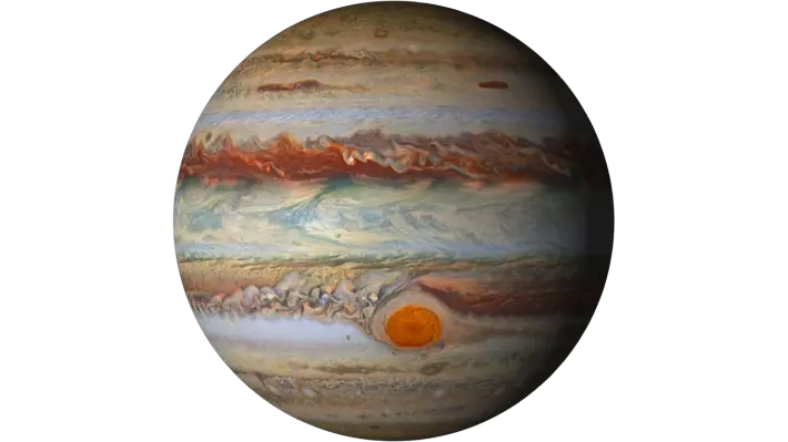 Jupiter's banded atmosphere and Great Red Spot, the fastest-rotating planet in the solar system with a day under ten hours