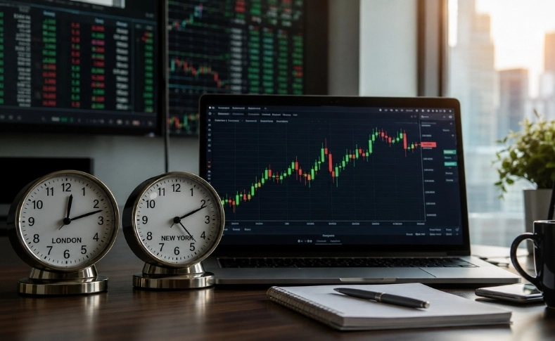Forex trading desk with clocks for London and New York sessions