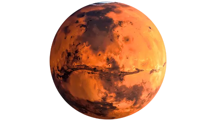 Rusty red, dust-covered surface of Mars, the planet whose 24-hour-39-minute day is the closest match to Earth's anywhere in the solar system