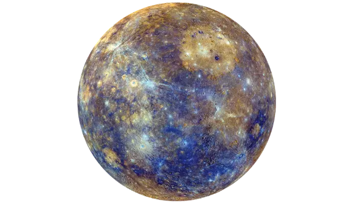Cratered gray surface of Mercury, the planet whose slow triple-spin rotation makes a single solar day last nearly two of its own years