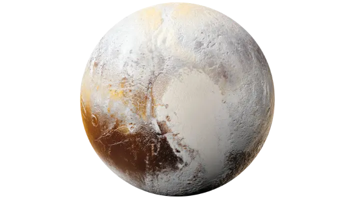 Pluto and its large moon Charon locked in mutual tidal lock, the only pair in the solar system where both bodies always show each other the same face