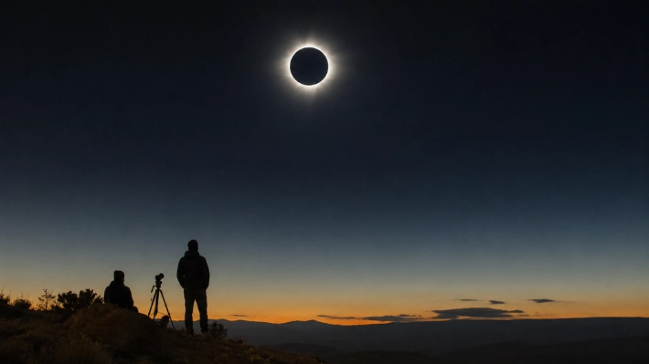 Total solar eclipse seen above a landscape with observers