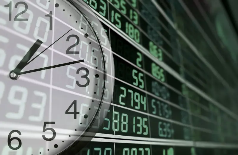 Stock market opening times worldwide with clock and financial data screen