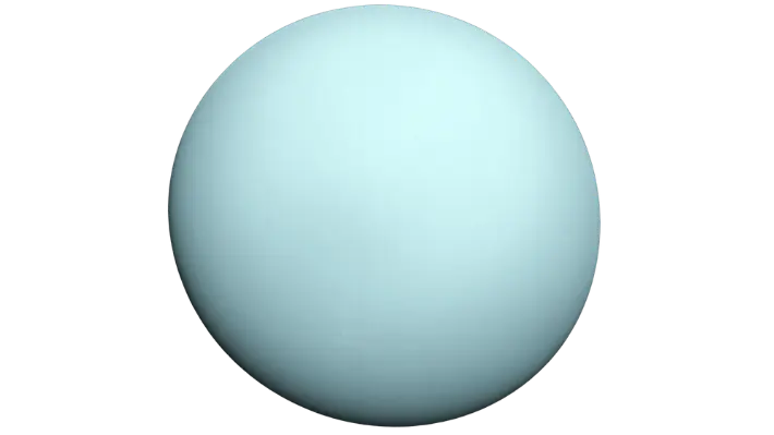 Pale blue-green Uranus tilted almost completely on its side, the extreme axial tilt that gives its poles 42-year cycles of continuous sunlight and darkness