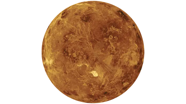 Venus shrouded in thick yellow-white clouds, the only planet whose day is longer than its year due to its slow retrograde rotation