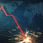 A descending red stock chart line crashing into a shower of sparks over a world map background