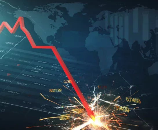 A descending red stock chart line crashing into a shower of sparks over a world map background