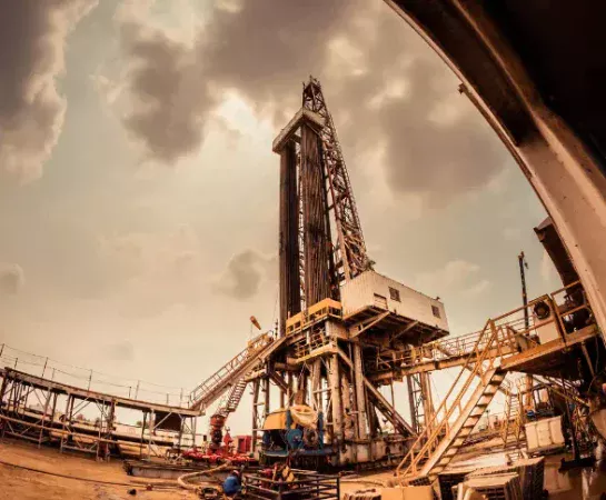 Oil drilling rig at dusk under a cloudy sky, representing the physical crude oil market behind WTI and Brent futures trading