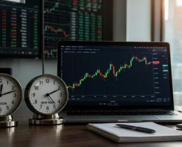 Forex trading desk with clocks for London and New York sessions