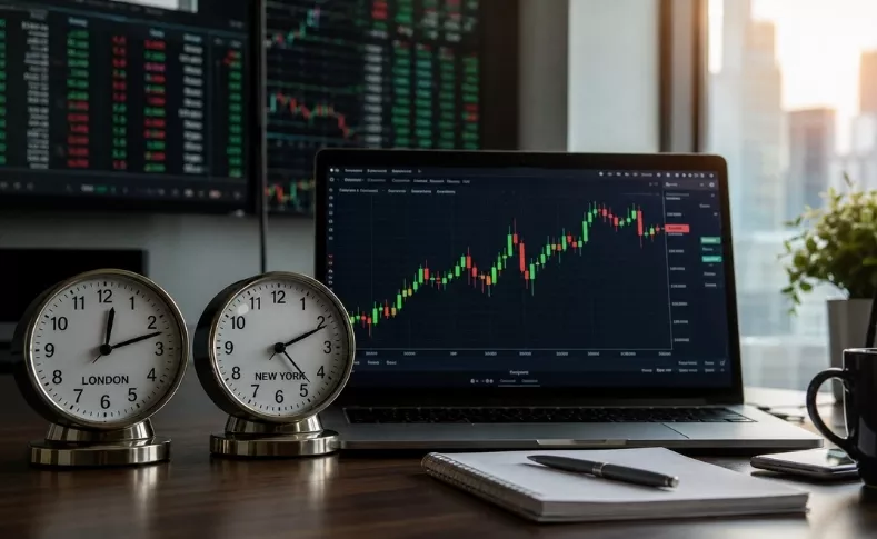 Forex trading desk with clocks for London and New York sessions