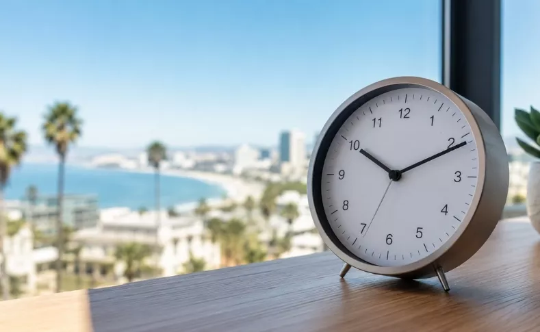 Analog clock with a Pacific Coast view representing Pacific Time