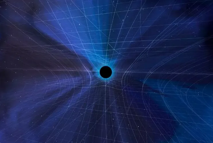 Spacetime curvature around a black hole showing gravitational distortion and time dilation